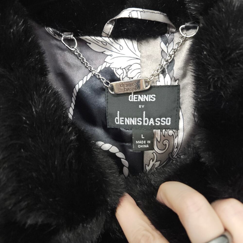 Dennis Basso Faux Fur Mink Black Coat Women Size Large Collared Pockets Mobwife - Picture 7 of 12